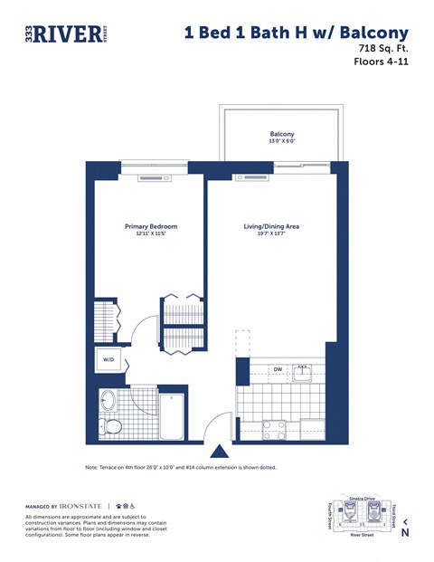 Floor plan for 1 bed, 1 bath, 718 sqft